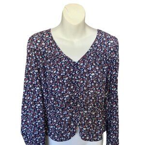 Madewell Navy Floral Print 100% Silk Blouse With Long Sleeves & V-Neckline Size